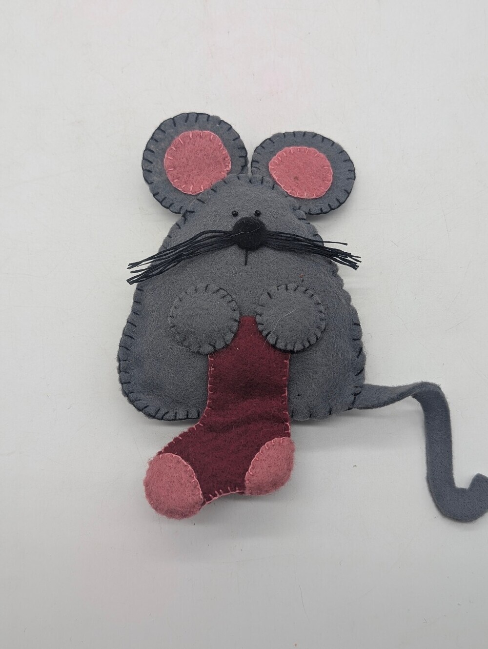 Vintage Handmade Felt Christmas Mouse Ornament Holding Stocking Retro Holiday